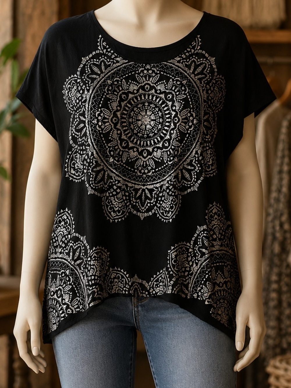 Style&Co Black Medallion Modern Boho Blouse Size‎ XL
